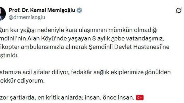 Yolu kapalı köydeki hamile kadın, ambulans helikopterle alındı ANKARA, (DHA)- SAĞLIK Bakanı Kemal Memişoğlu, kar yağışı nedeniyle kara