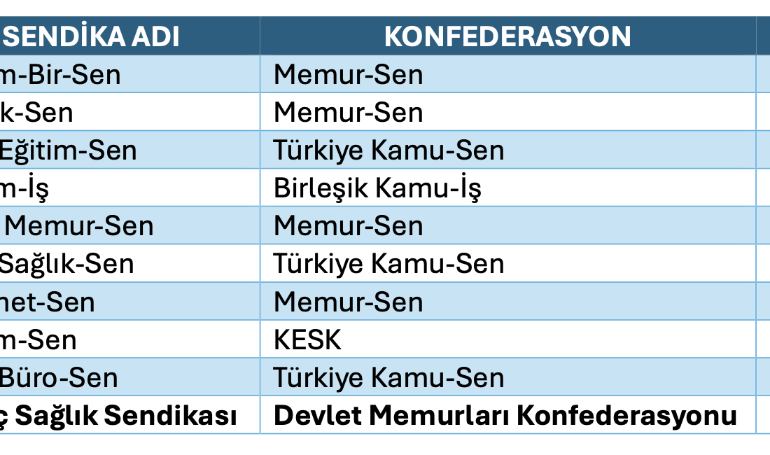 Kamu çalışanlarını temsil eden sendikalar arasındaki üye sayısı sıralamasında dikkat