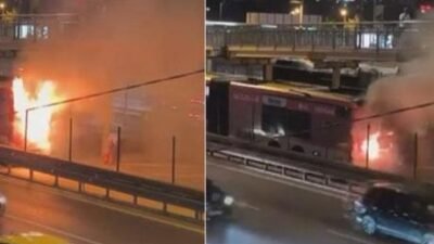 Kağıthane’de faciadan dönüldü! Seyir halindeki metrobüs alev aldı; yolcular tahliye edildi Yangın, saat 20.50 sıralarında Darülaceze Perpa Metrobüs durağında meydana geldi.