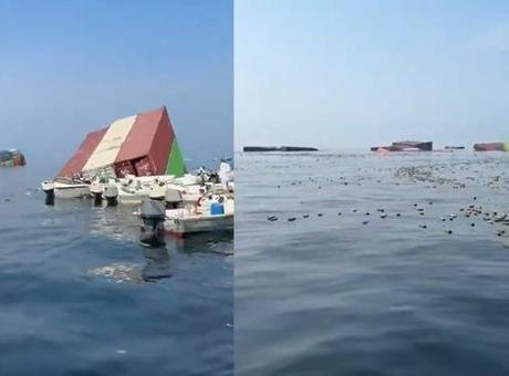 Hürmüz’ün ortasında şoke eden görüntü! Binlerce ürün suya saçıldı: ‘Batan geminin malları’ Hürmüz Boğazı’nda bir konteyner gemisi, kimliği belirlenemeyen mühimmatın isabet etmesinin