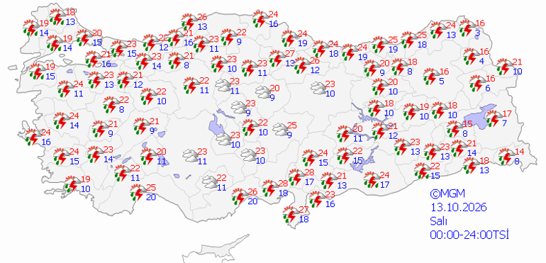 13 Ekim 2026 Salı hava durumu tahminleri Meteoroloji Genel Müdürlüğü